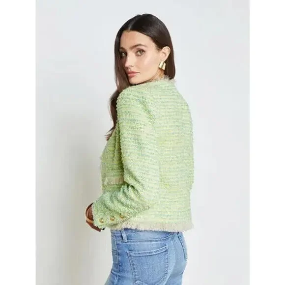 NEW, L'AGENCE Angelina Tweed Jacket In Light Green Multi SZ 14 #SJ1423